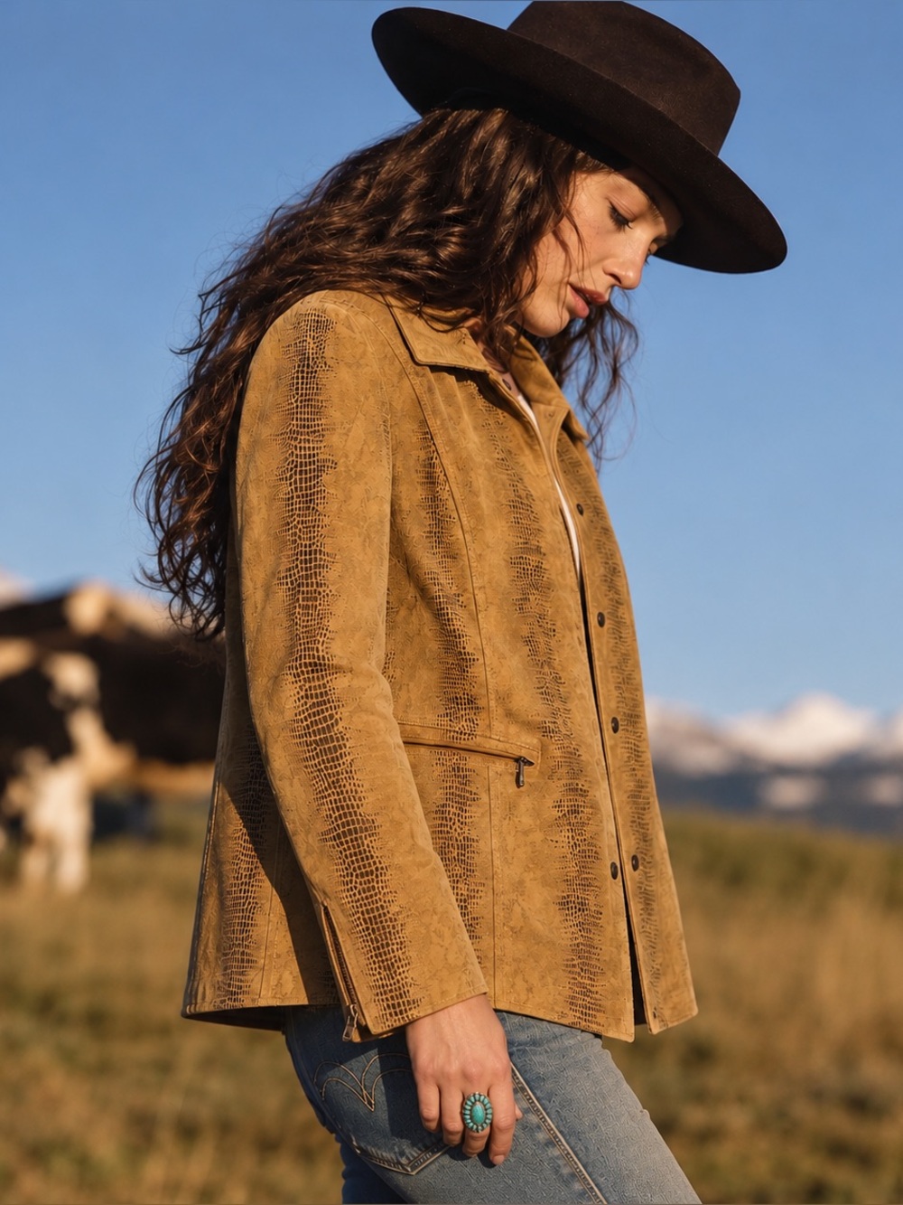 Bradley Bayou Coastal Cowgirl Caramel Tan Snakeskin Print Suede Leather Jacket M